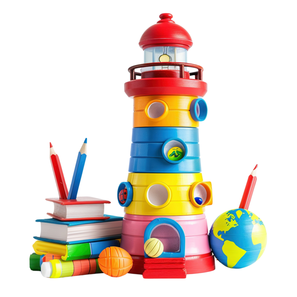 A colorful toy lighthouse featuring educational icons like books, pencils, and a globe, isolated on transparent background png