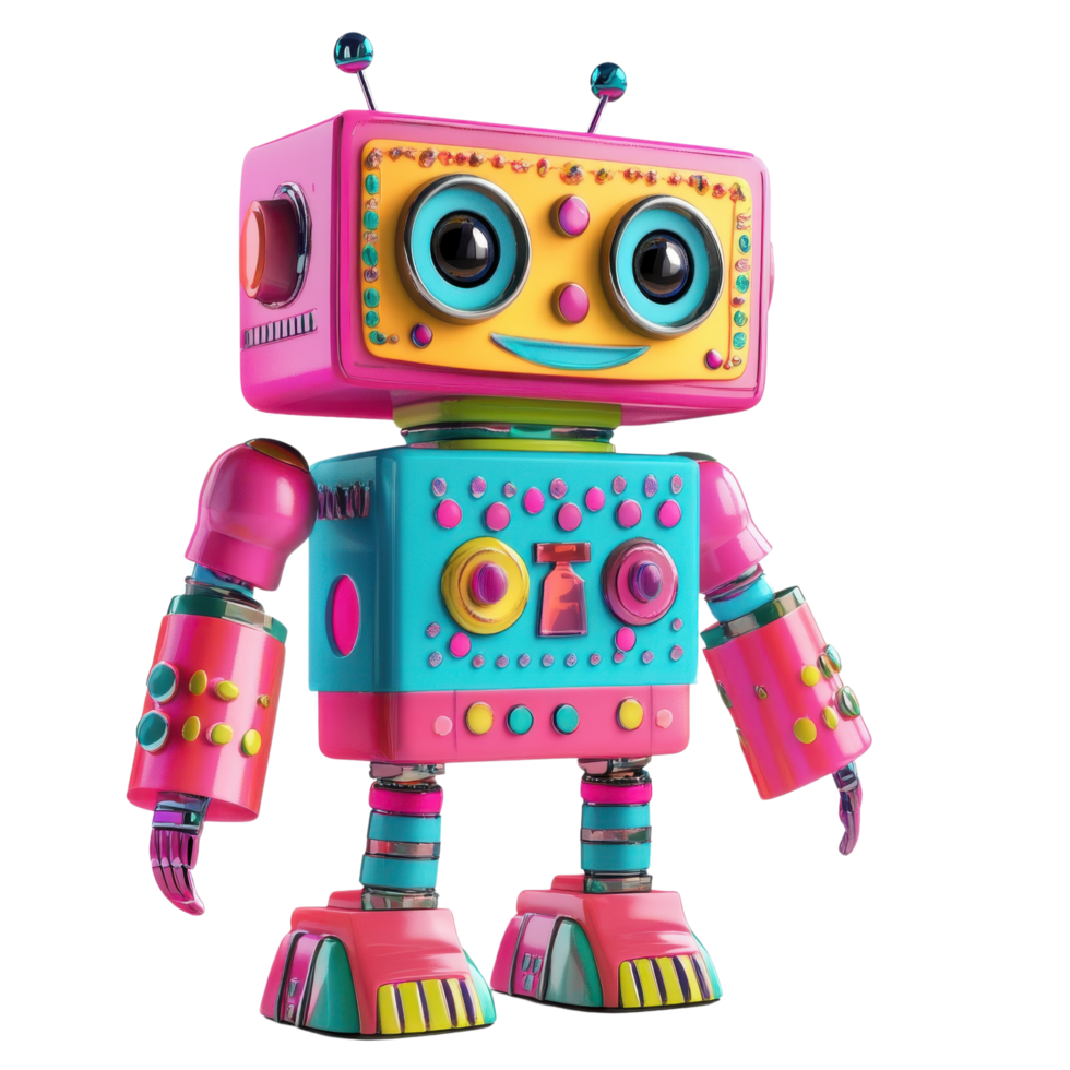A cheerful 3D toy robot with expressive eyes and a bright smile, standing upright, isolated on transparent background png