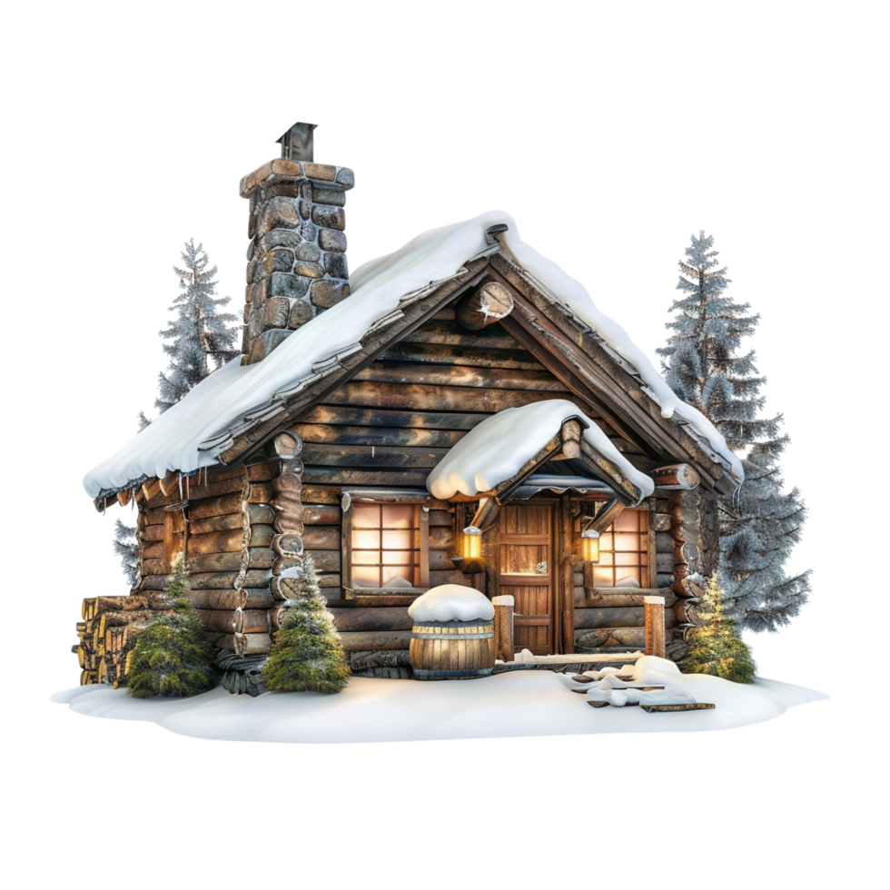 A beautiful wooden chalet glowing warmly in the snow, isolated on transparent background png