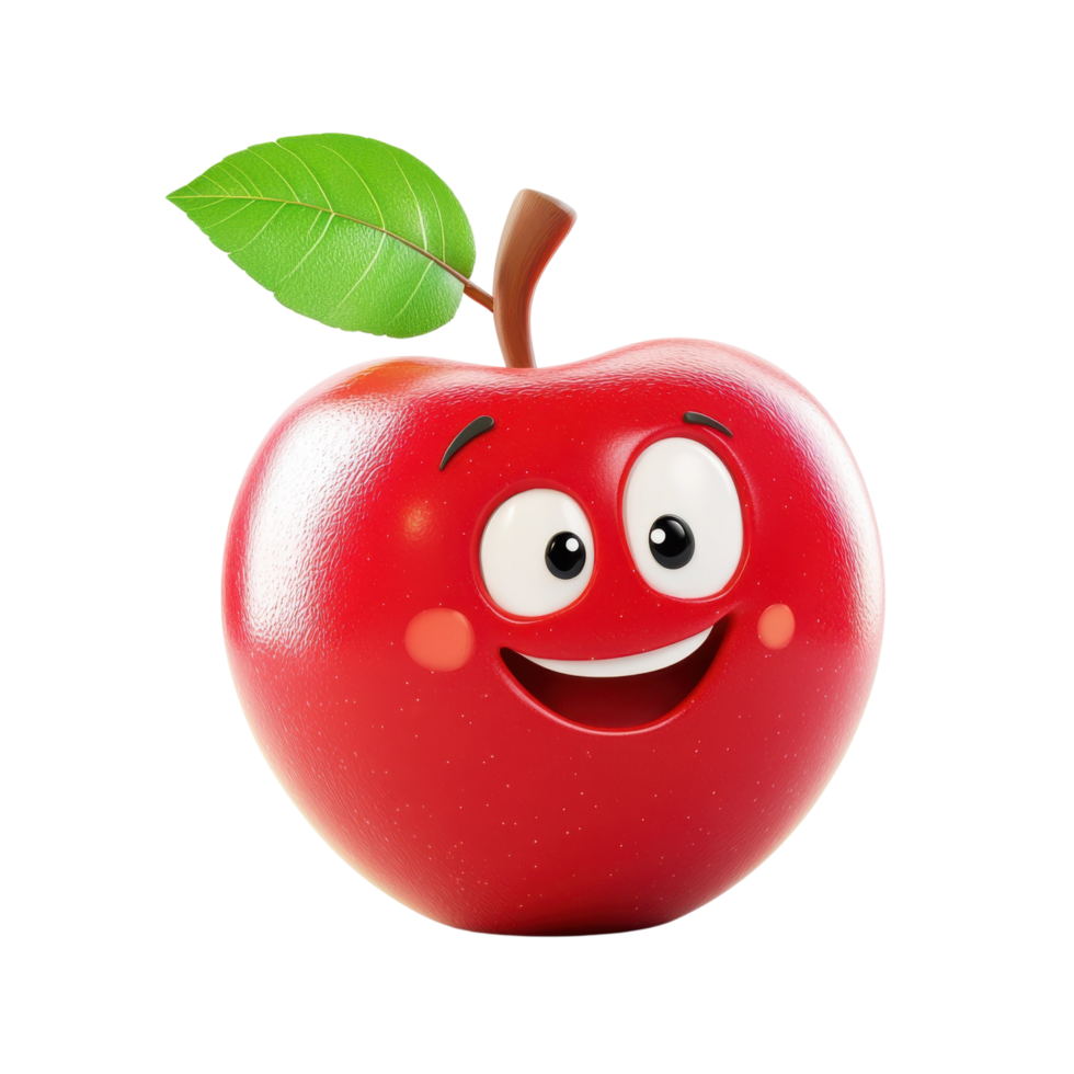 A cheerful 3D cartoon apple with a shiny red skin and leaf, isolated on transparent background png