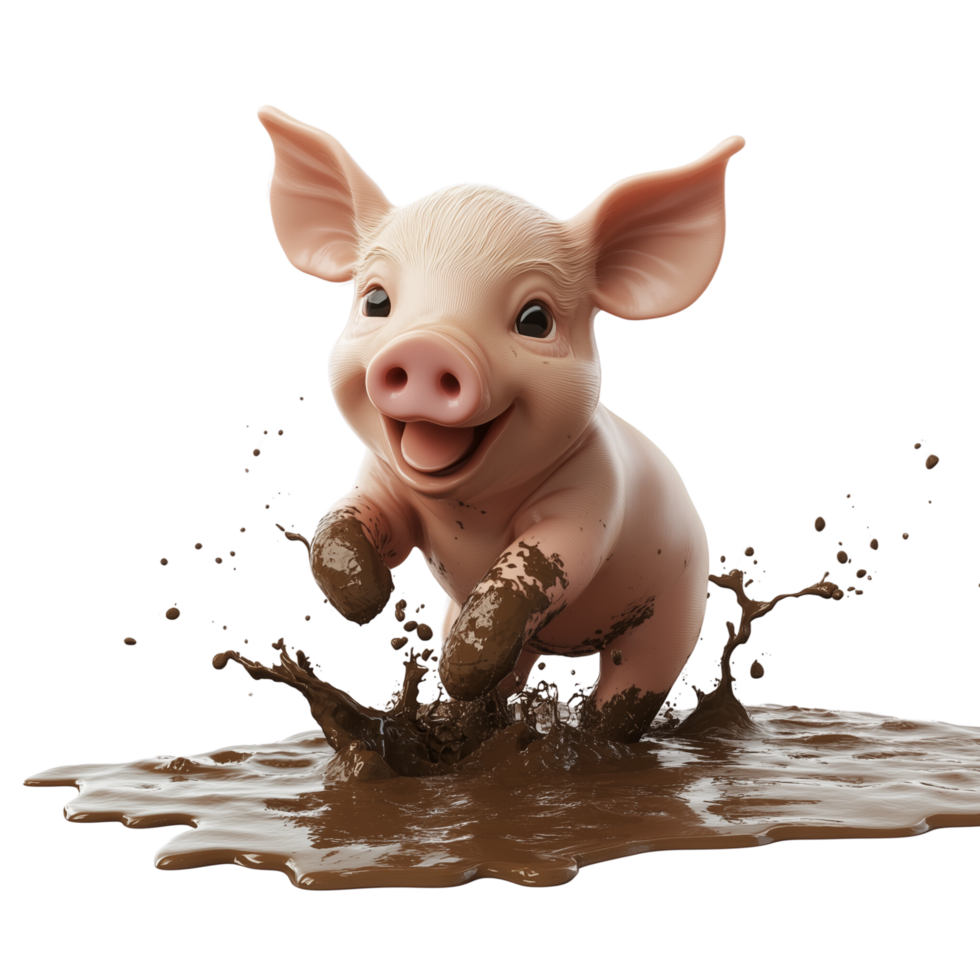 A happy 3D piglet splashing in a muddy puddle, isolated on transparent Background png