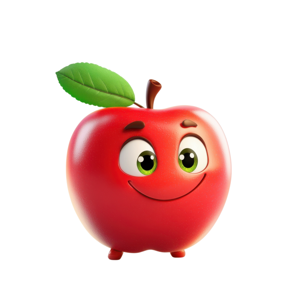 A bright 3D cartoon apple with a shiny red skin and a leaf, isolated on transparent background png