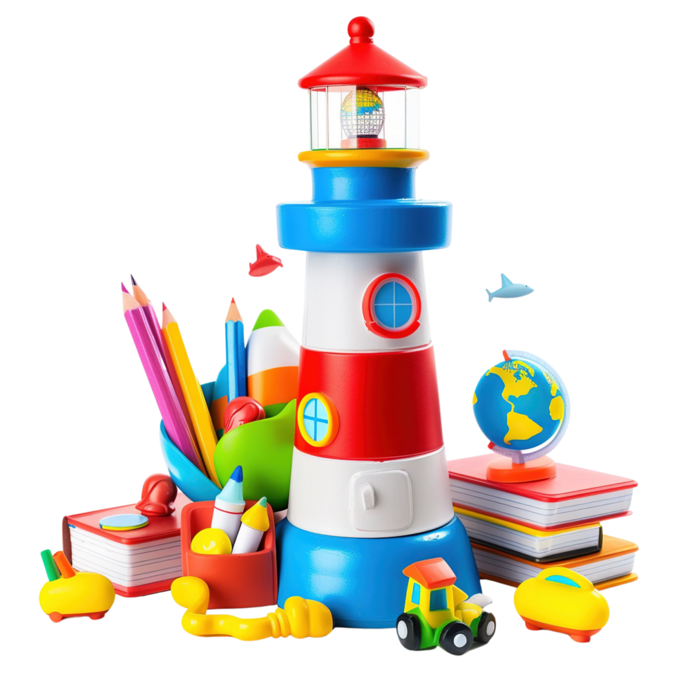 A colorful toy lighthouse with educational icons like books, pencils, and a globe, isolated on transparent background png
