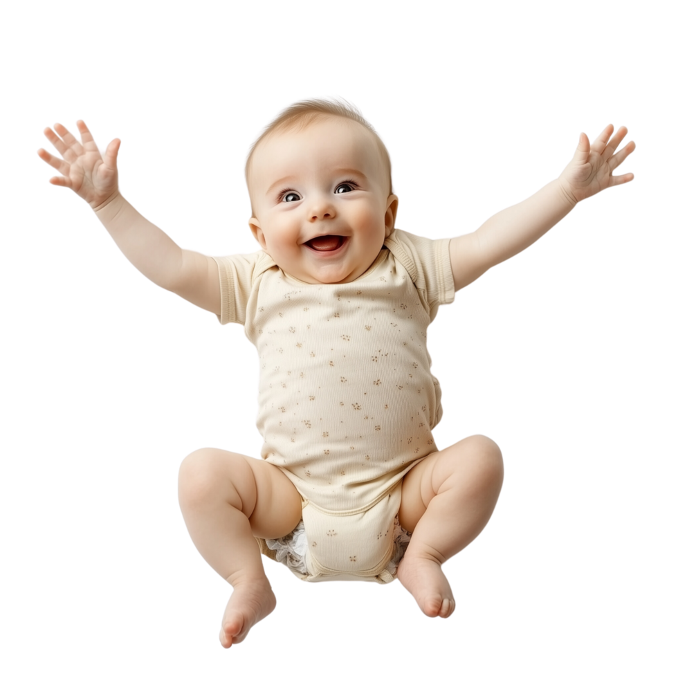 A cheerful baby reaching out with tiny hands while lying on its back, isolated on transparent Background png