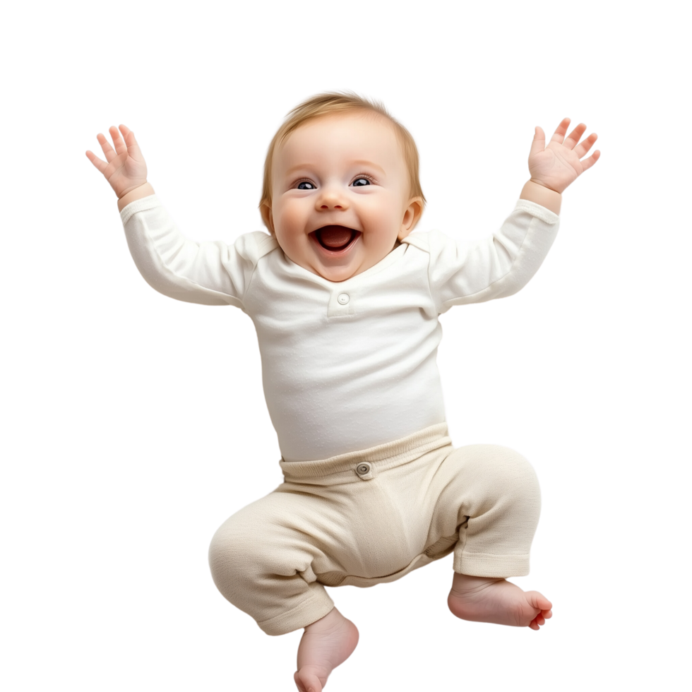 A joyful baby lying back, reaching out with tiny hands, isolated on transparent Background png