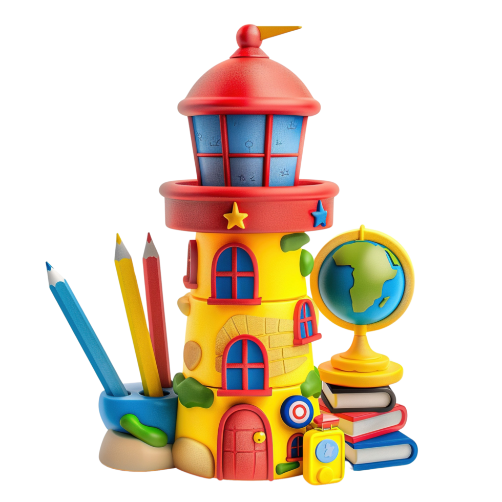 A brightly colored toy lighthouse with educational icons like books, pencils, and a globe, isolated on transparent background png