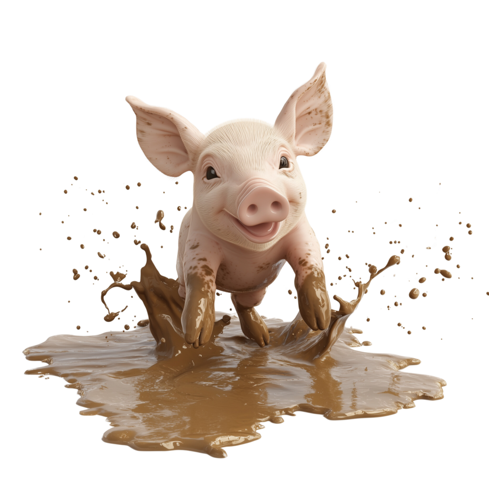 A joyful 3D piglet making a splash in a muddy puddle, isolated on transparent Background png