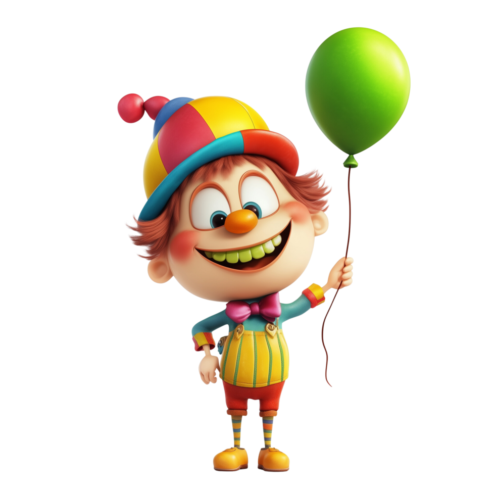A cheerful Toon Town resident with a colorful hat and a big smile, holding a balloon, isolated on transparent Background png