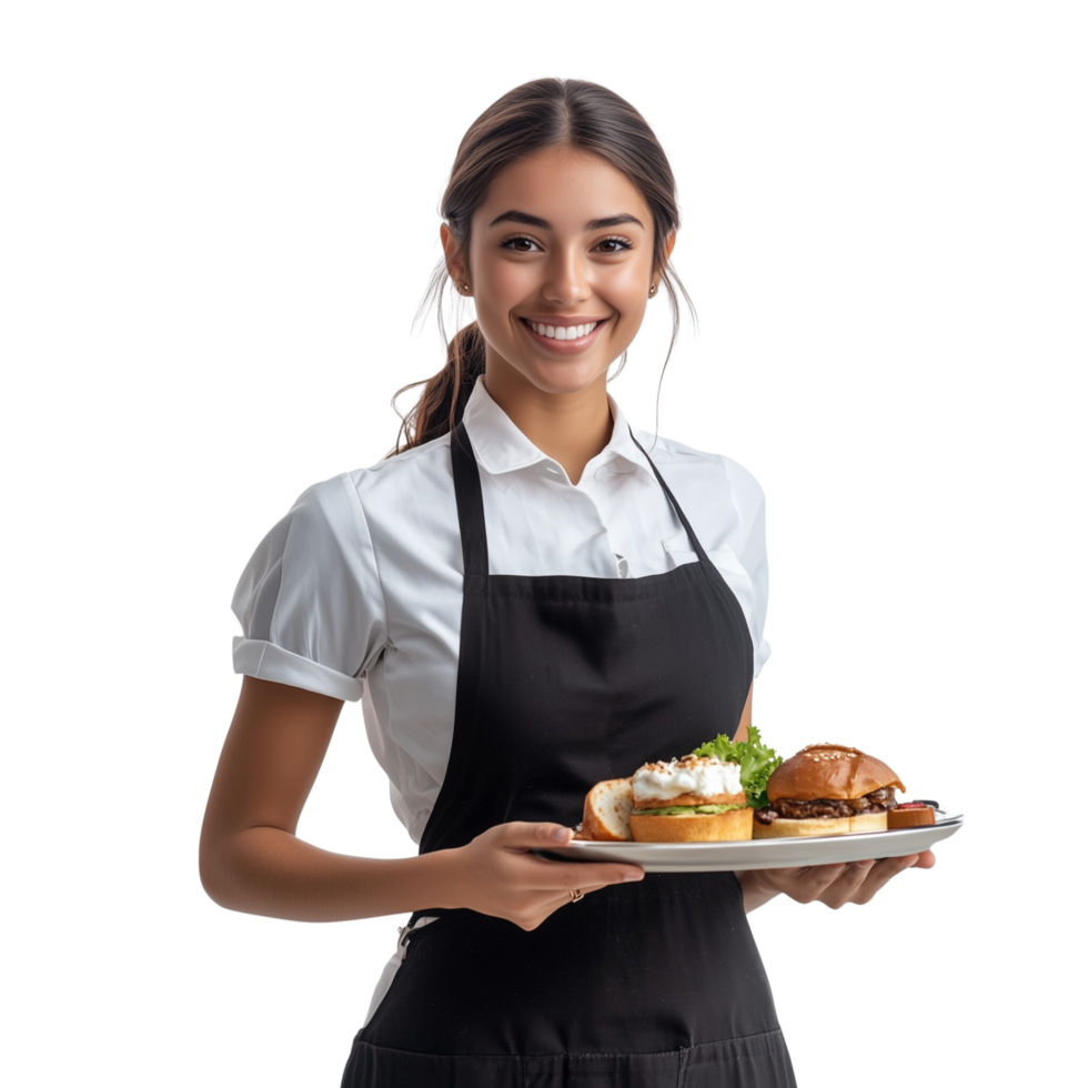 A smiling waitress holding a tray of food, with a warm smile, isolated on transparent Background png