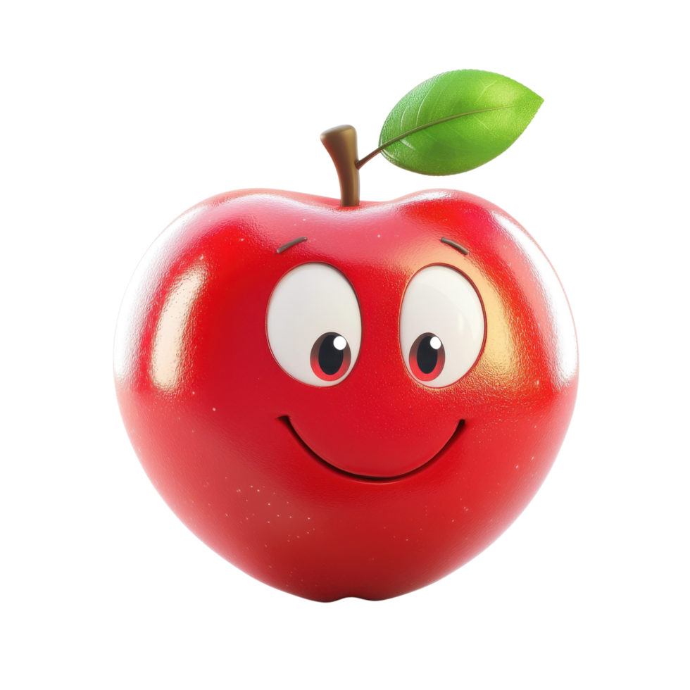 A lively 3D cartoon apple with shiny red skin and leaf, isolated on transparent background png