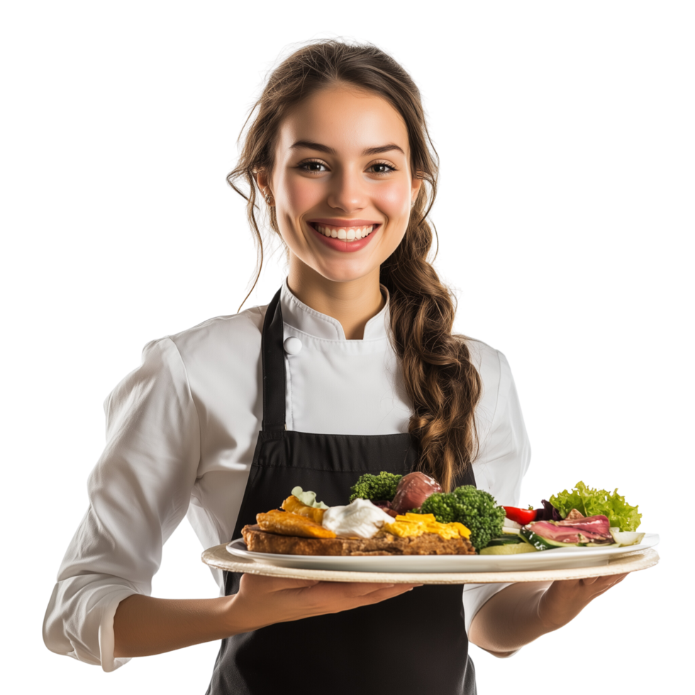 A friendly waitress smiling with a food tray, isolated on transparent Background png