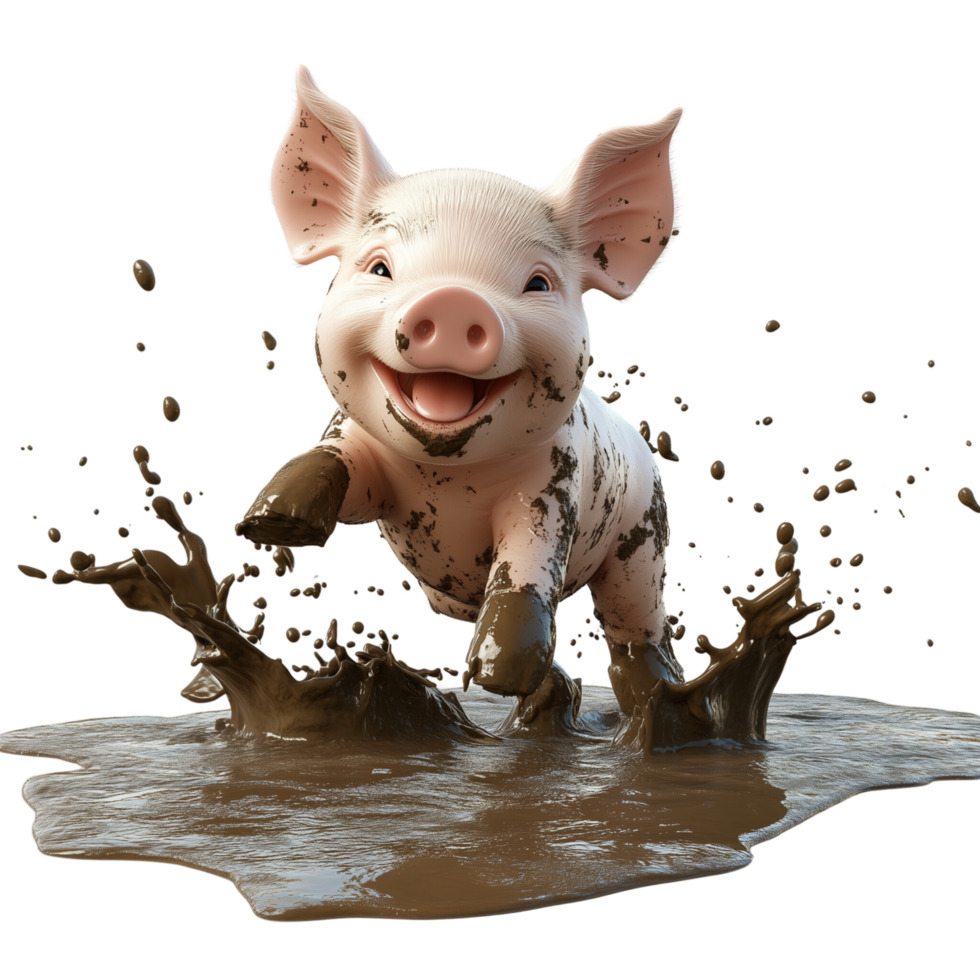 A cheerful 3D piglet happily splashing in a muddy puddle, isolated on transparent Background png