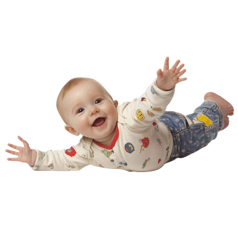 A joyful baby reaching up with tiny hands, smiling, lying on its back, isolated on transparent Background png