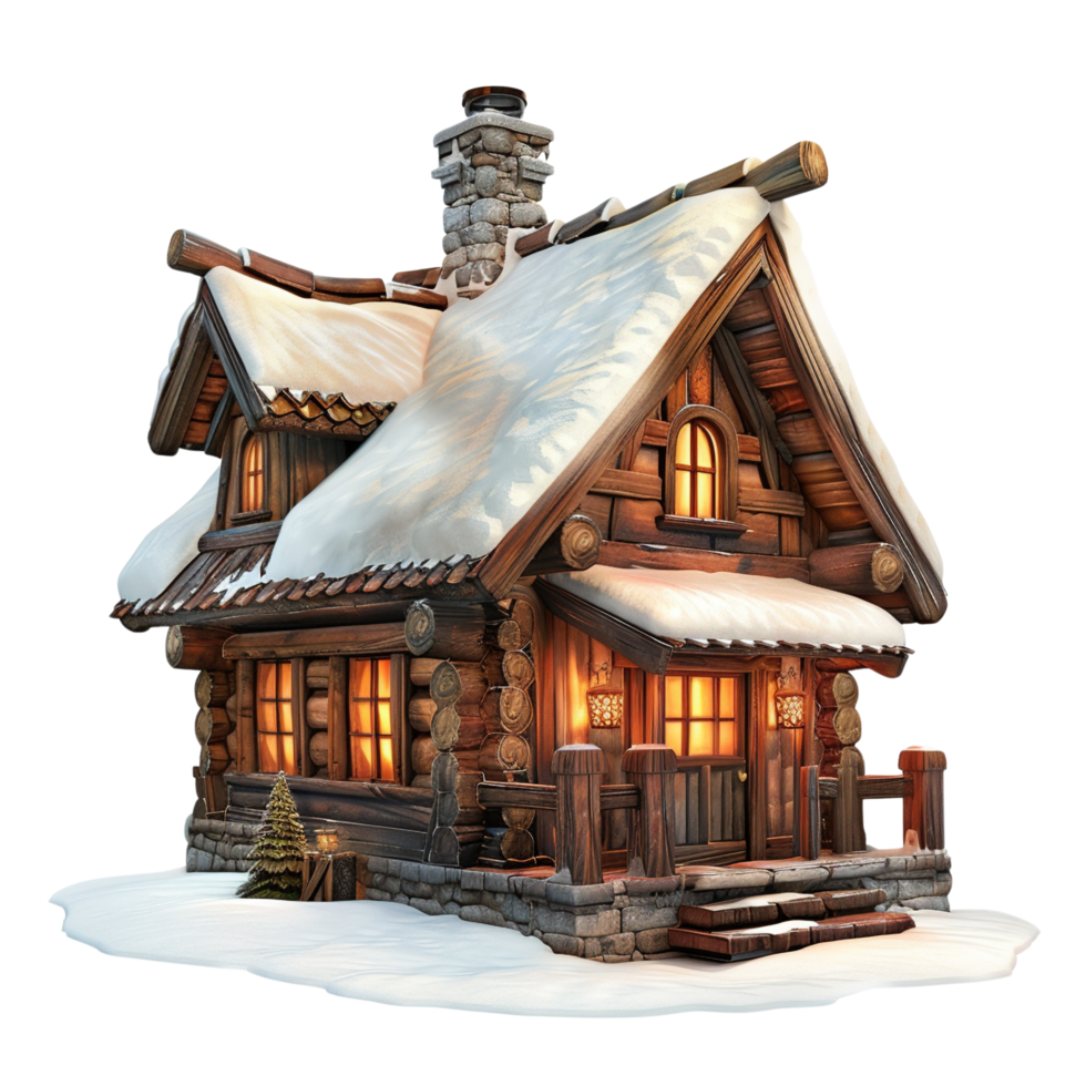 A picturesque wooden chalet glowing warmly in the snow, isolated on transparent background png
