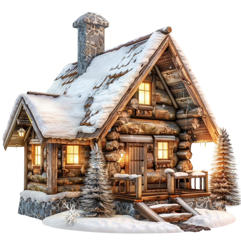 A magical wooden chalet glowing in the snow, isolated on transparent background png