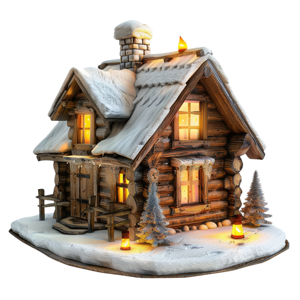 A warm wooden chalet glowing in the snow, isolated on transparent background png