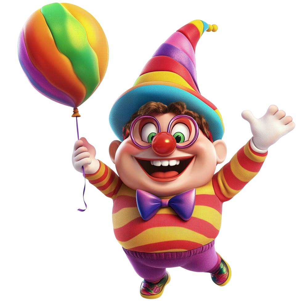 A joyful Toon Town resident smiling widely, wearing a colorful hat and holding a balloon, isolated on transparent Background png