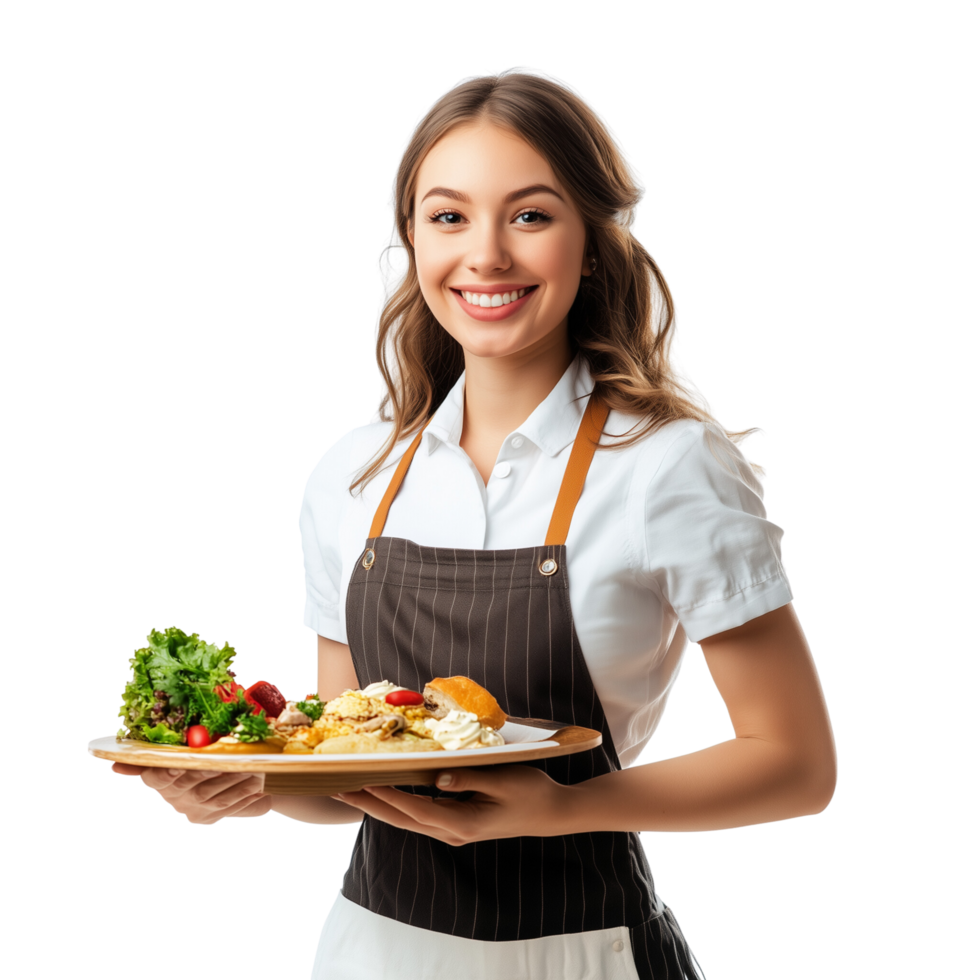 A cheerful waitress holding a tray of food, smiling warmly, isolated on transparent Background png