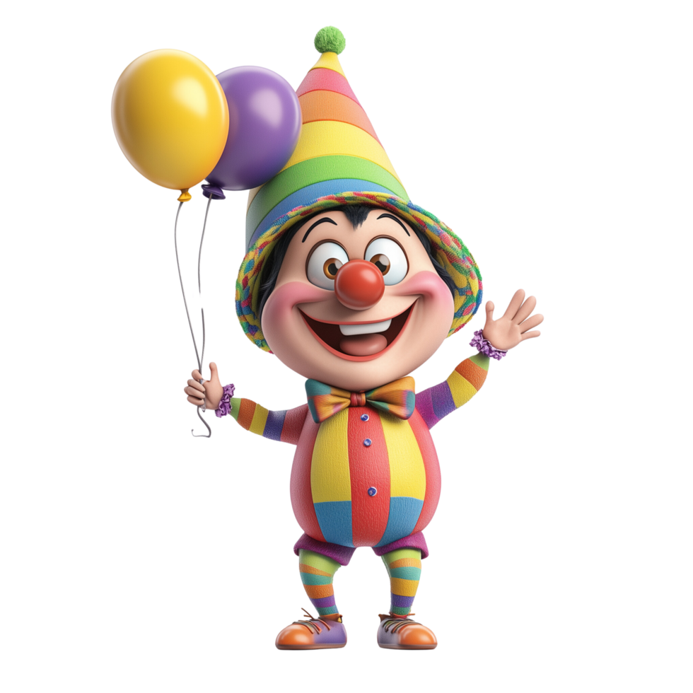 A cheerful Toon Town resident with a big smile, colorful hat, and balloon, isolated on transparent Background png