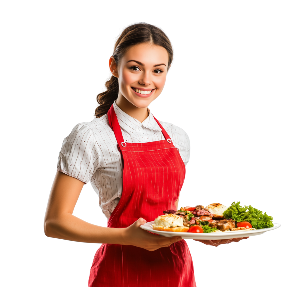 A friendly waitress with a tray of food, smiling warmly, isolated on transparent Background png