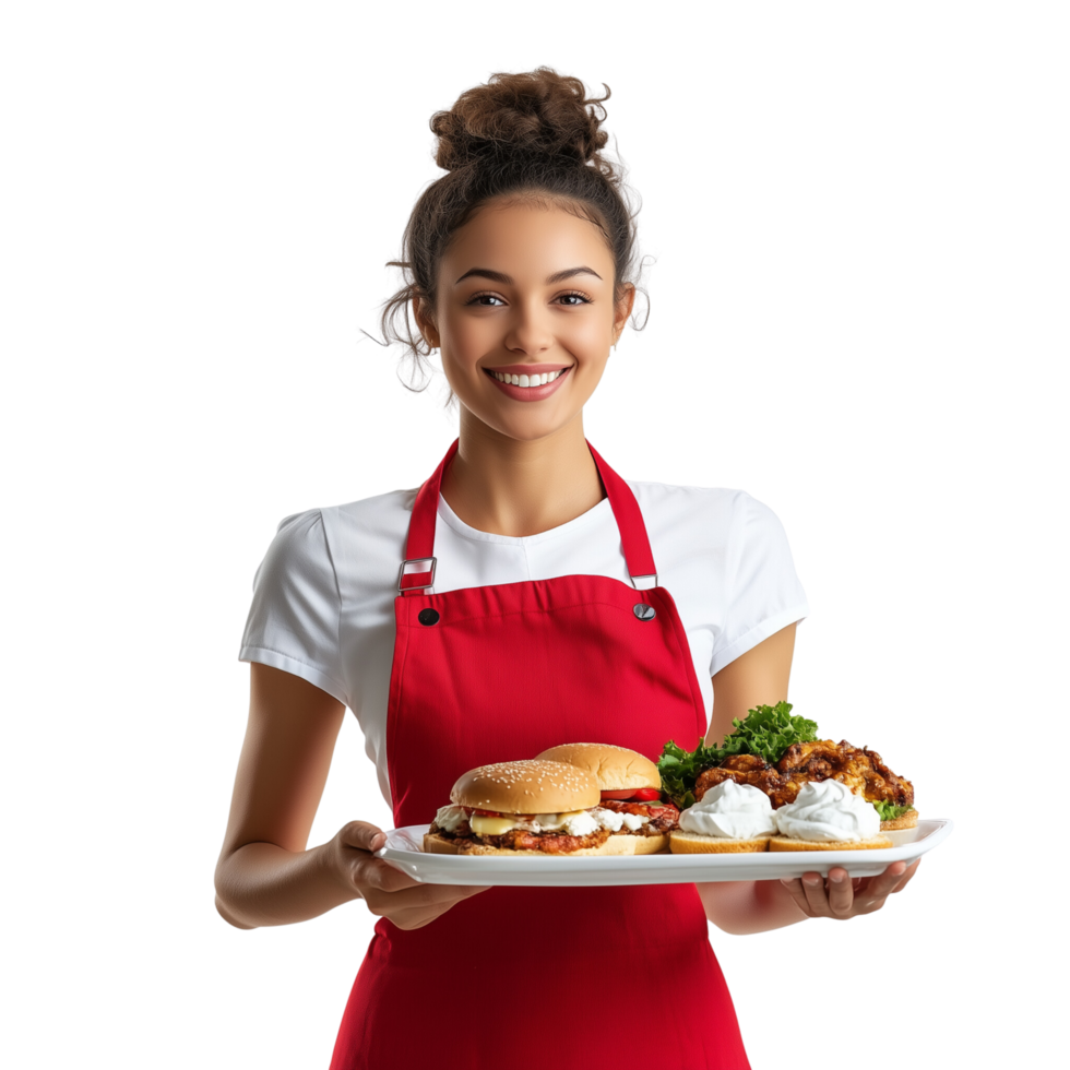 A cheerful waitress with a tray of food, smiling warmly, isolated on transparent Background png