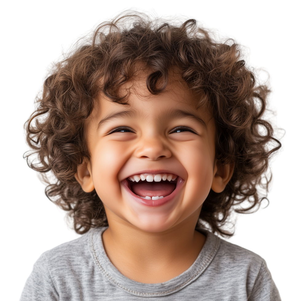 A happy child with curly hair, grinning widely and laughing, isolated on transparent Background png