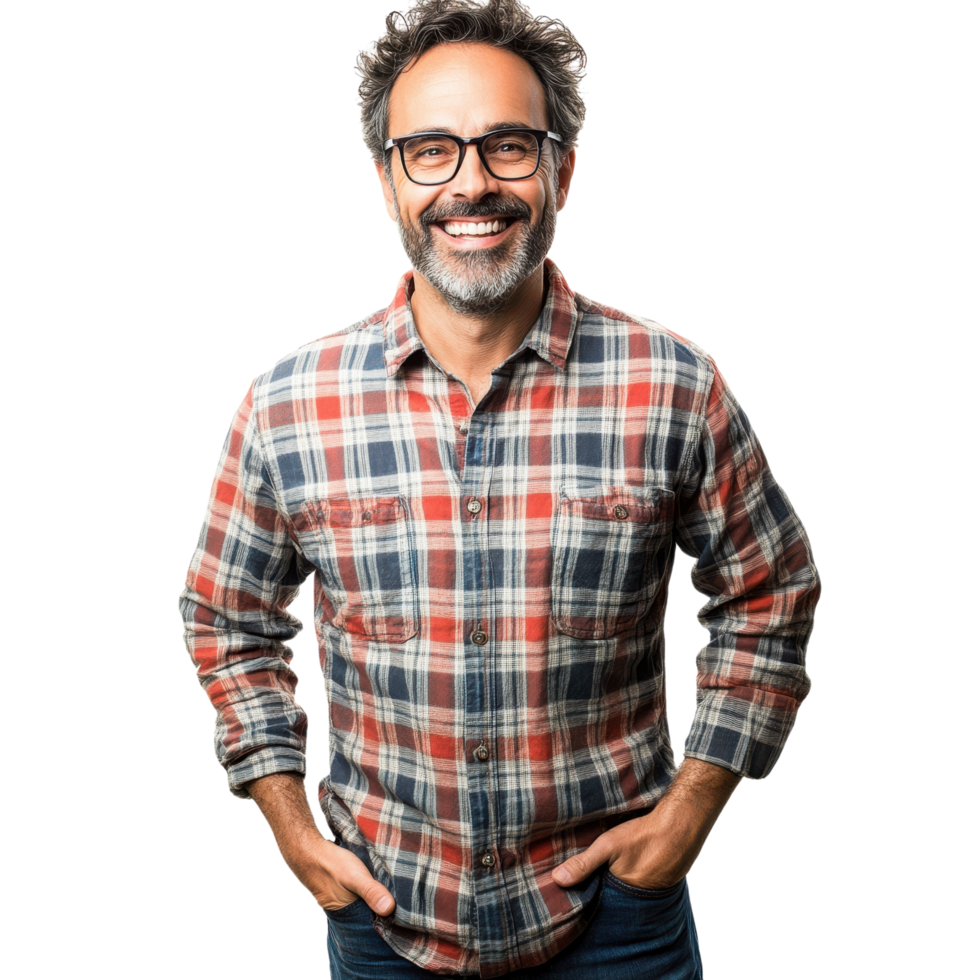 A cheerful middle-aged man smiling with glasses and plaid shirt, isolated on transparent Background png
