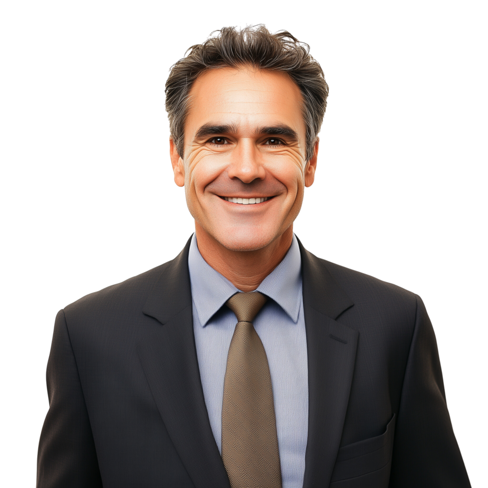 A cheerful middle-aged man in a business suit, with a joyful expression, isolated on transparent Background png