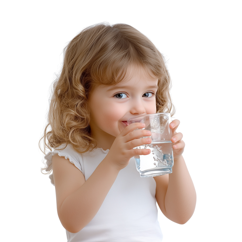 A happy child drinking clean water, isolated on transparent Background png