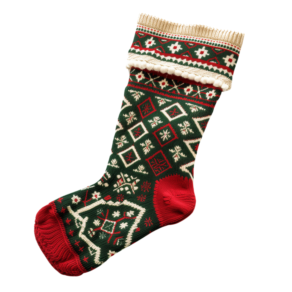 A vibrant Christmas stocking with red and green festive patterns, Isolated on transparent Background png