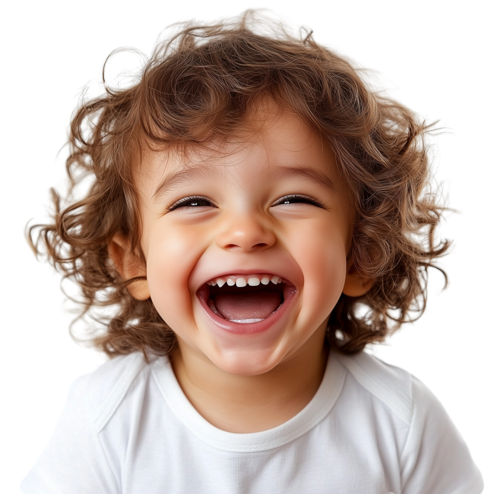 A laughing child with curly hair, grinning widely, isolated on transparent Background png