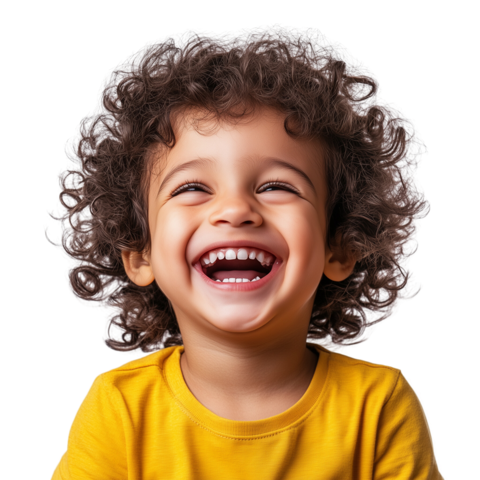 A happy young child with curly hair, laughing and grinning, isolated on transparent Background png
