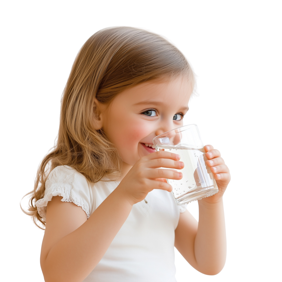 A joyful child enjoying a glass of clean water, isolated on transparent Background png