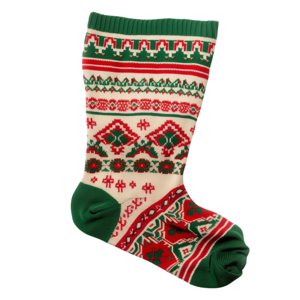 A delightful Christmas stocking with red and green festive patterns, Isolated on transparent Background png