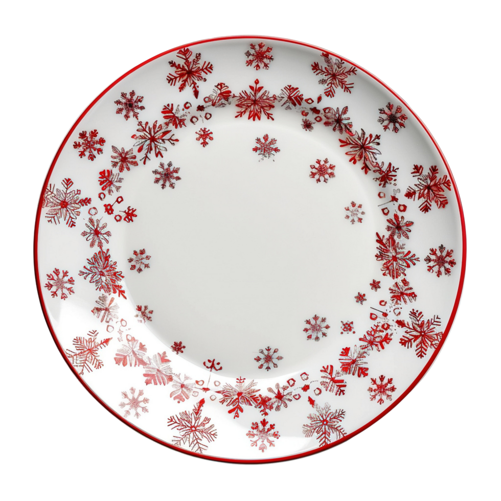 An elegant Christmas plate set featuring intricate snowflake patterns, Isolated on transparent Background png