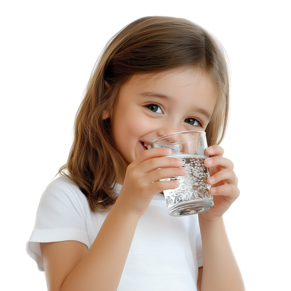 A smiling child drinking clean water from a glass, isolated on transparent Background png