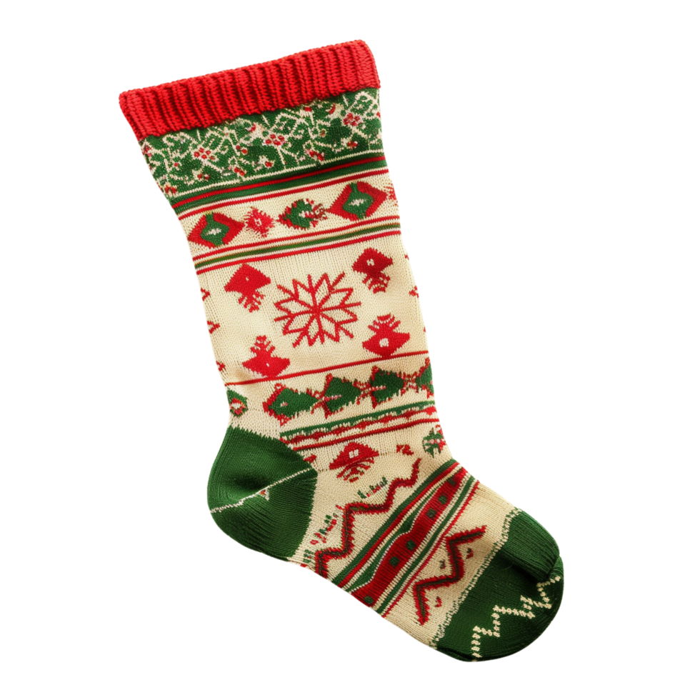 A colorful Christmas stocking with red and green festive patterns, Isolated on transparent Background png