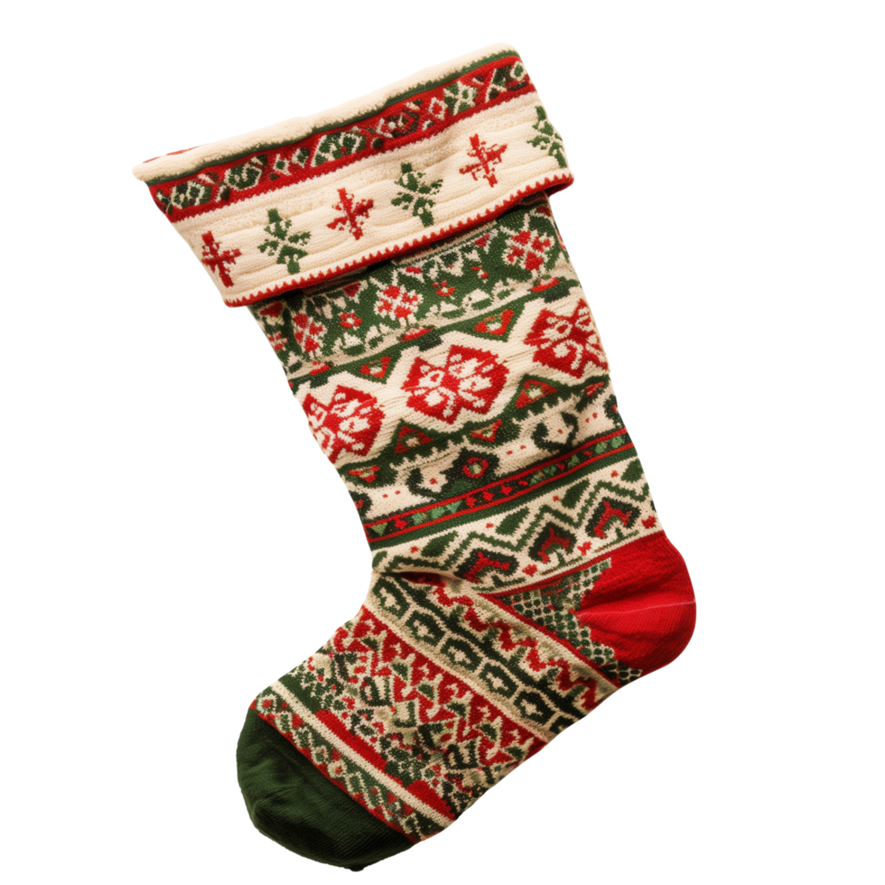 A cheerful Christmas stocking featuring festive red and green patterns, Isolated on transparent Background png