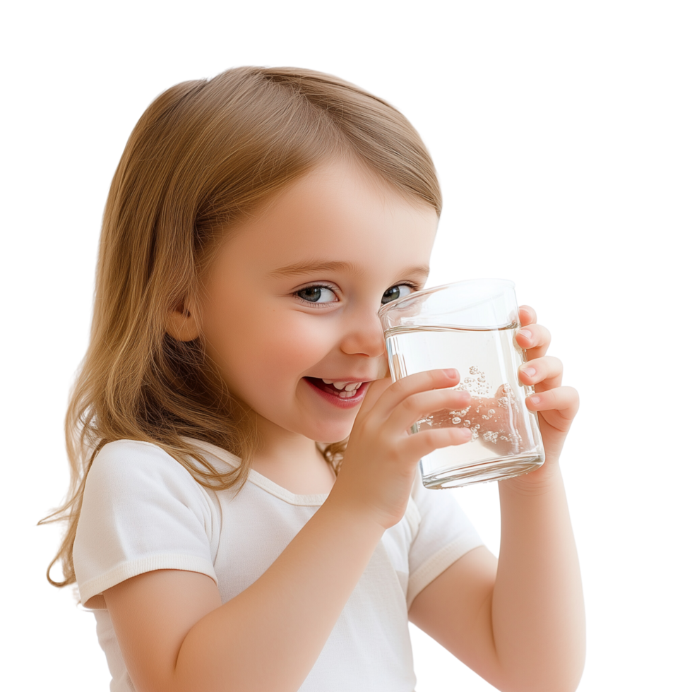 A cheerful child drinking water from a glass, isolated on transparent Background png