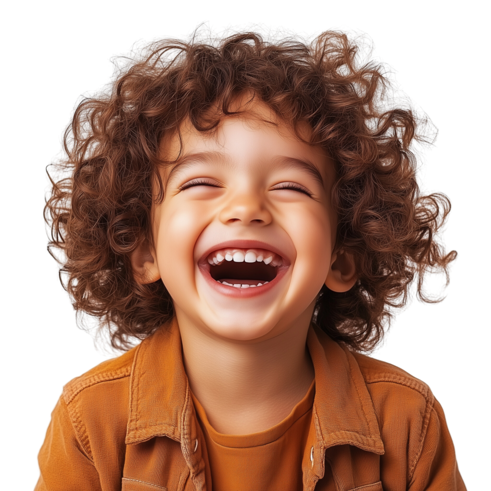 A joyful child with curly hair, grinning and laughing, isolated on transparent Background png