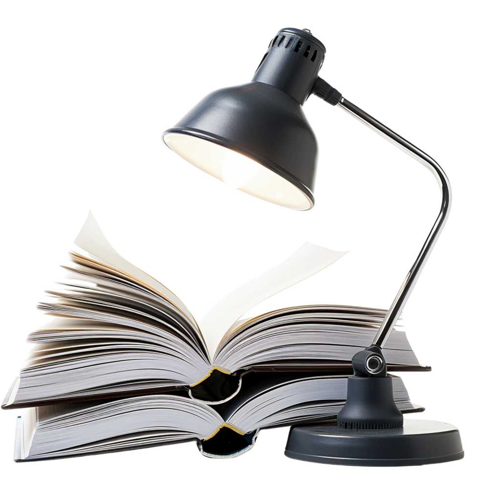 A traditional desk lamp casting light over an open pile of textbooks, isolated on a clean white background png