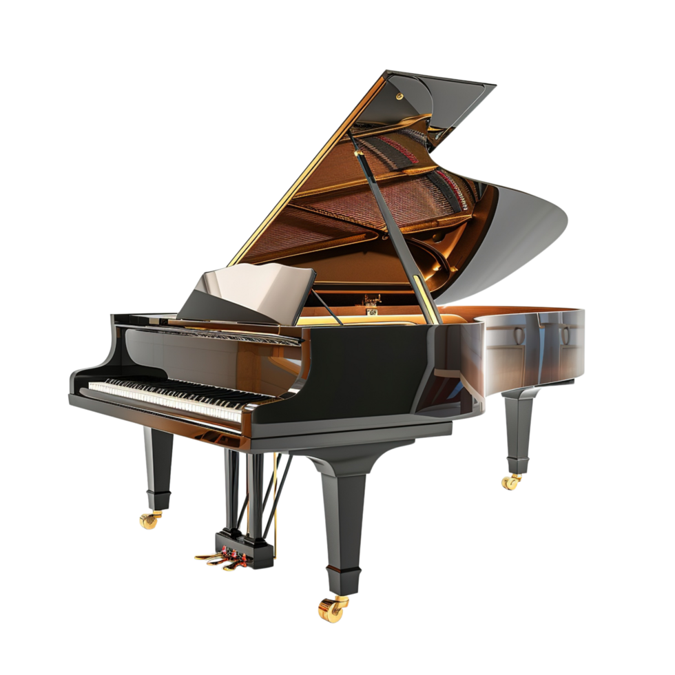 A grand piano with lid open displaying strings and hammers from the side, isolated on transparent Background png