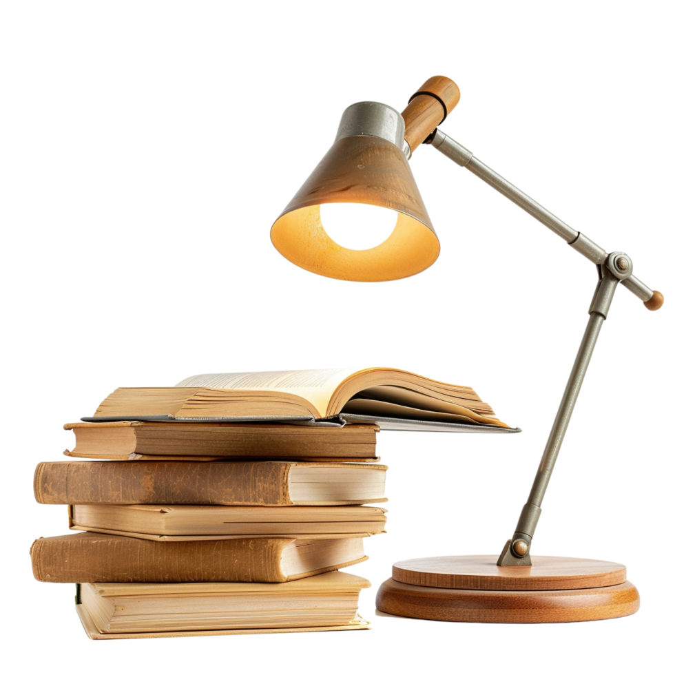 A classic desk lamp casting light on an open textbook, isolated on a transparent background png