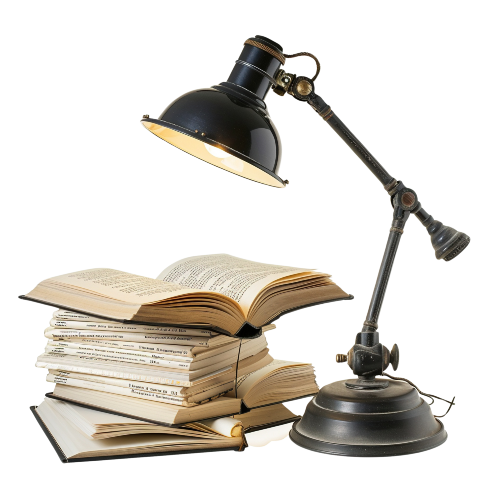 A vintage desk lamp illuminating an open textbook, isolated on a clean white background png