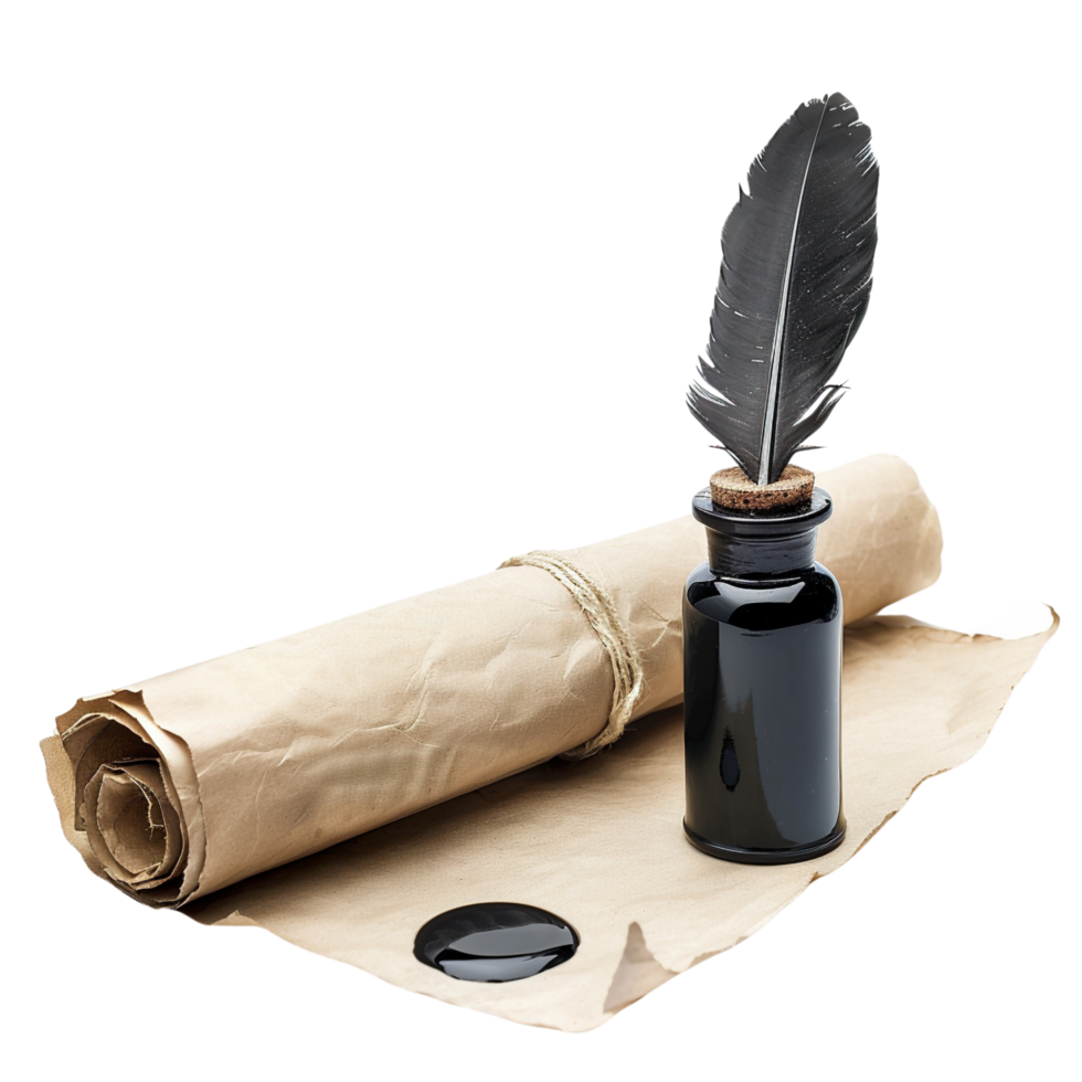 Classic quill and ink set with scroll of parchment, isolated on transparent Background png