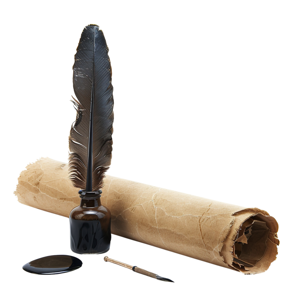 Quill and ink with parchment scroll isolated transparent Background png