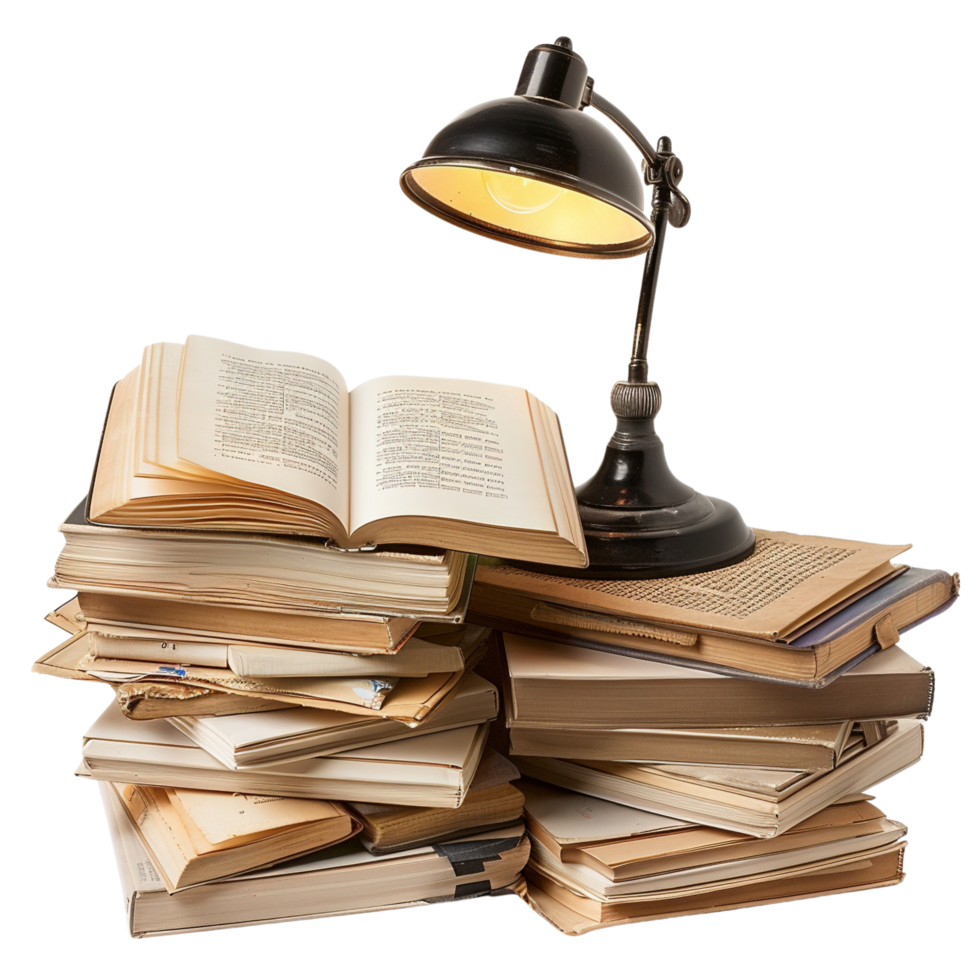 A stylish desk lamp shining light on an open pile of textbooks, isolated on a transparent background png