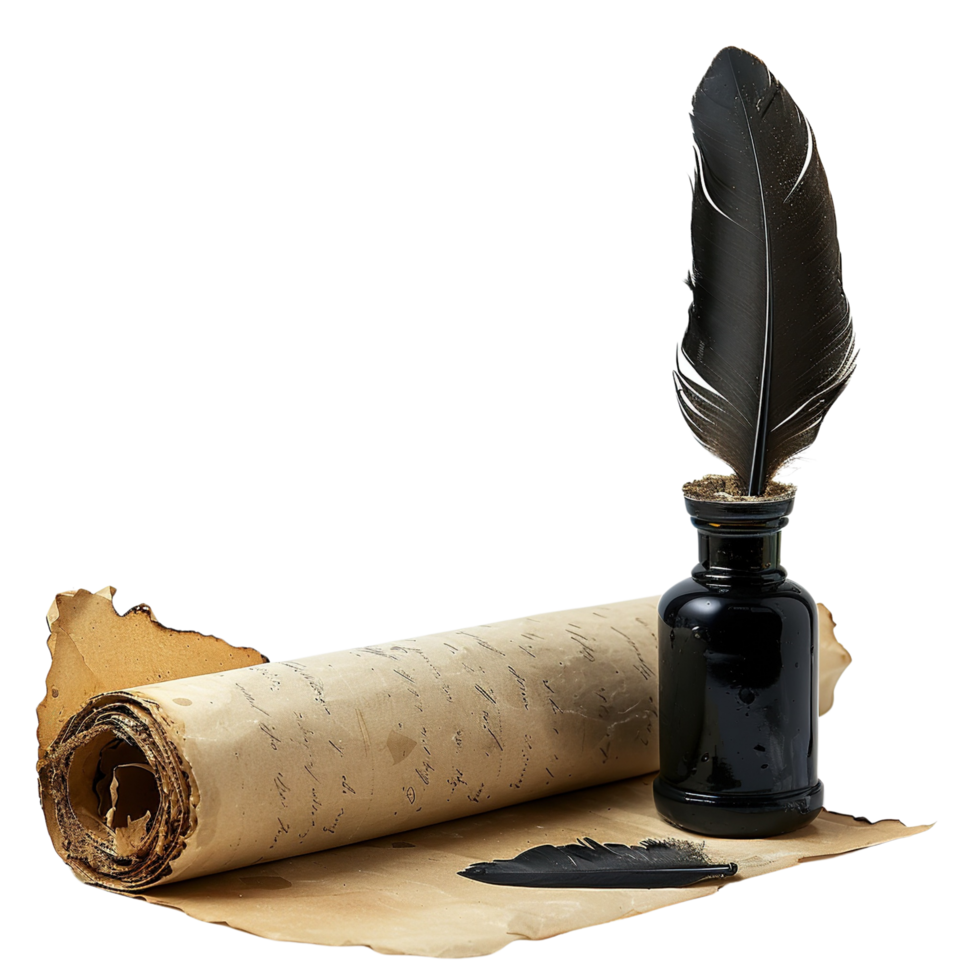 Classic quill, ink set, and parchment scroll, isolated on transparent Background png