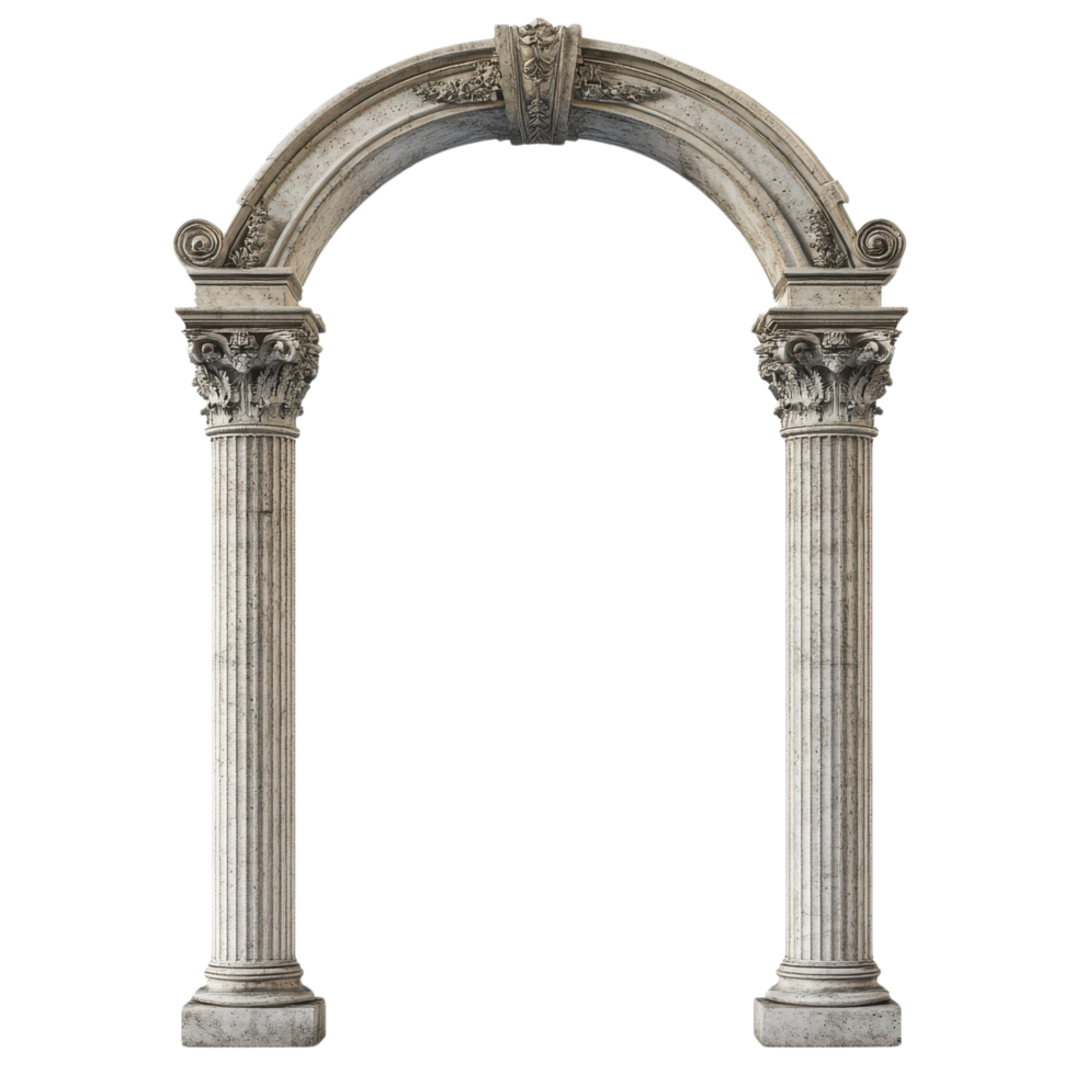 A classic stone column arch with ornate details, standing tall, isolated on transparent background png