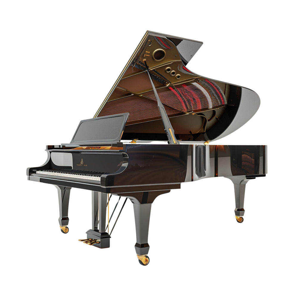 A grand piano with lid open showcasing strings and hammers, side view, isolated on transparent Background png